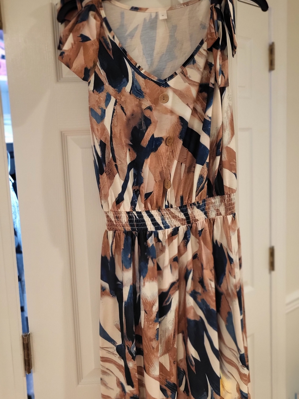 Women’s Blue and Brown Printed V-Neck Day Dress